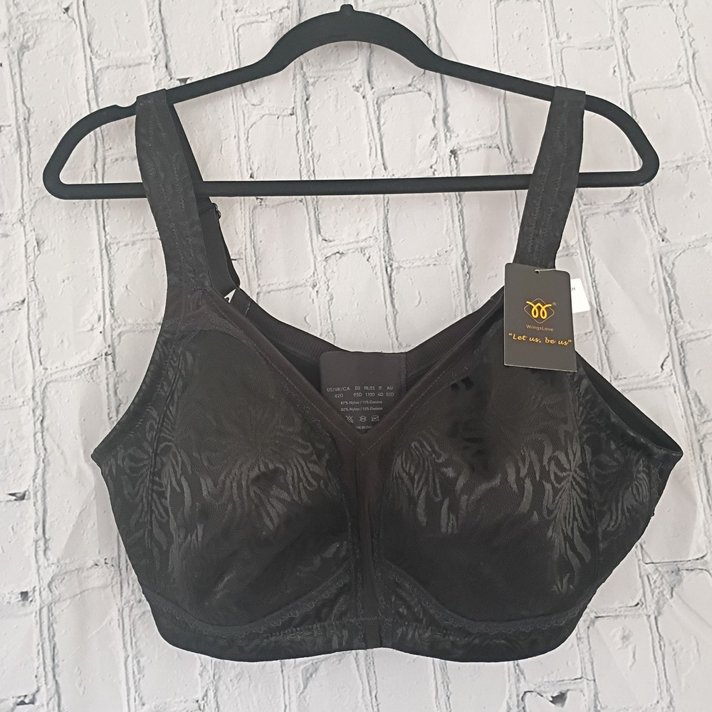 WingsLove Women‎ Black Floral Jacquard Lace Wire Free Full Coverage Bra 42D W005